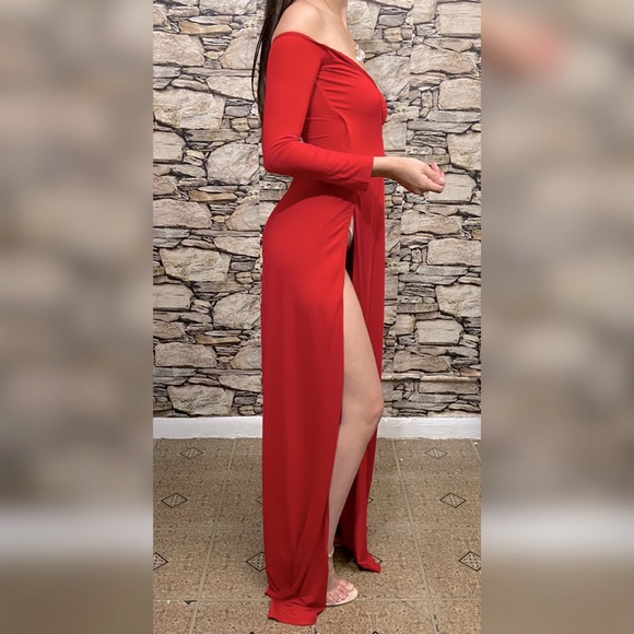 High Split Bardot Surplice Dress - Picture 3 of 8